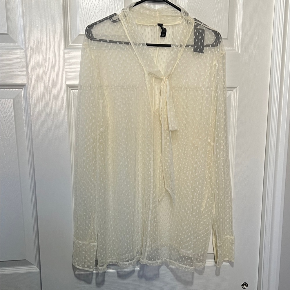 Lane Bryant Cream Sheer Blouse with Tie Neck